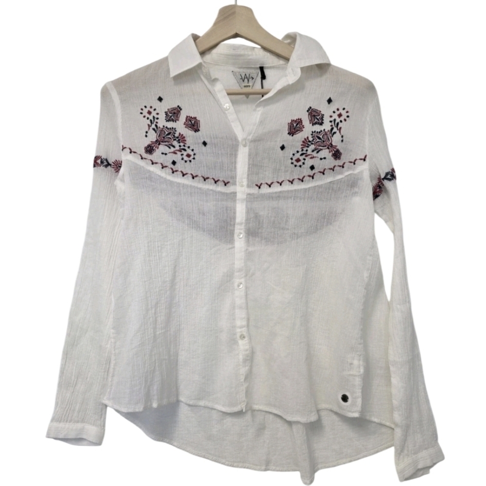Womens Embroidered White Red Blue Tunic Button Up Blouse Ikks NEW Sheer Beach